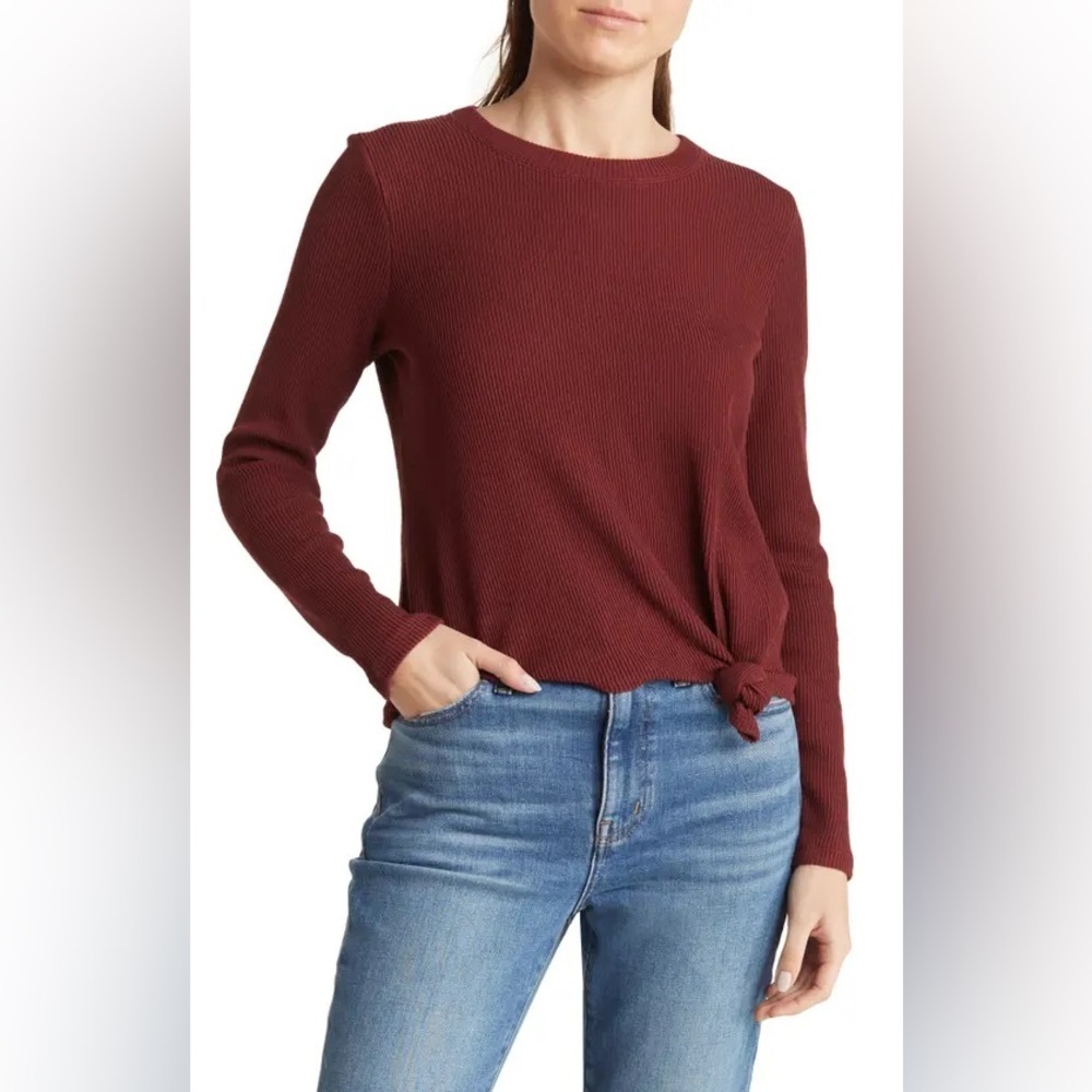 Madewell ($85) Texture & Thread Ribbed Knot Front Top Burgundy Sz M AS IS